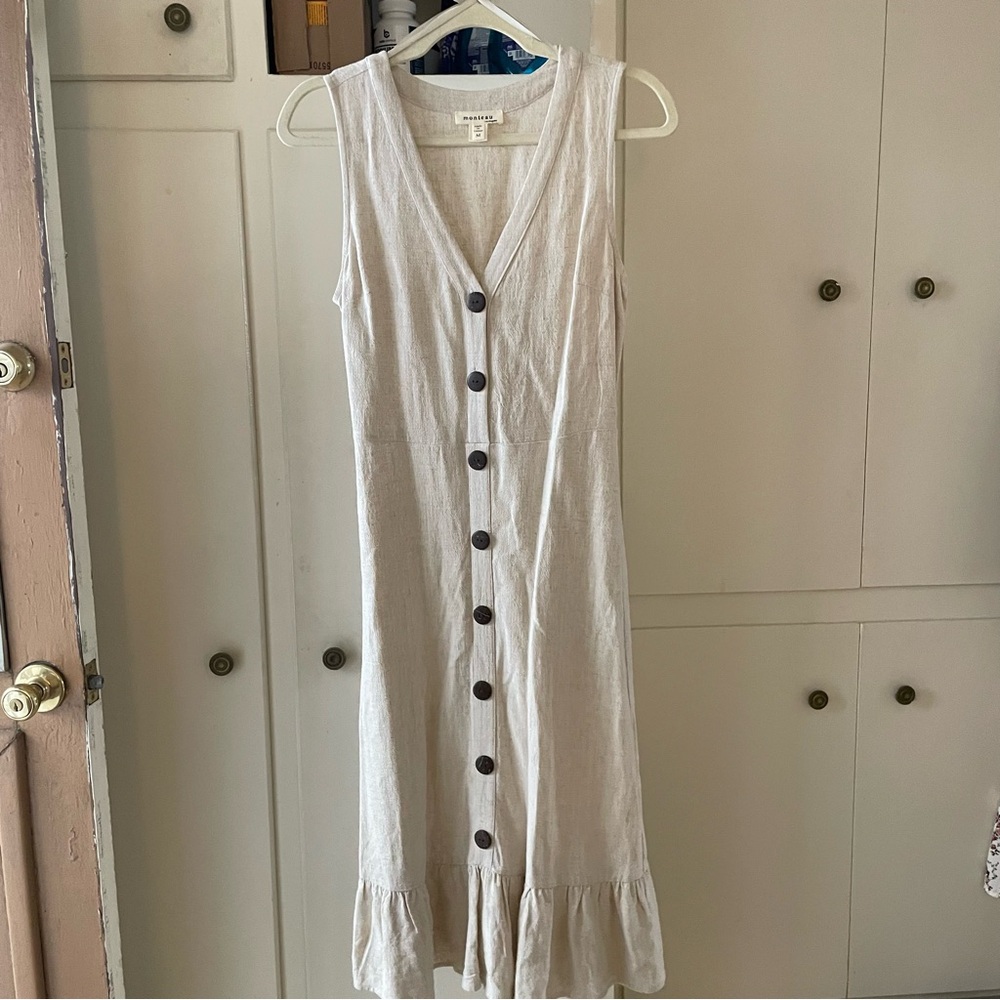 Monteau Beige Button-Front Midi Dress